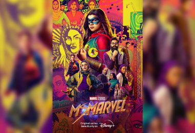 The cast and crew of Ms. Marvel gathers for a picture on the red carpet for the series premiere at the historic El Capitan Theatre in Hollywood.