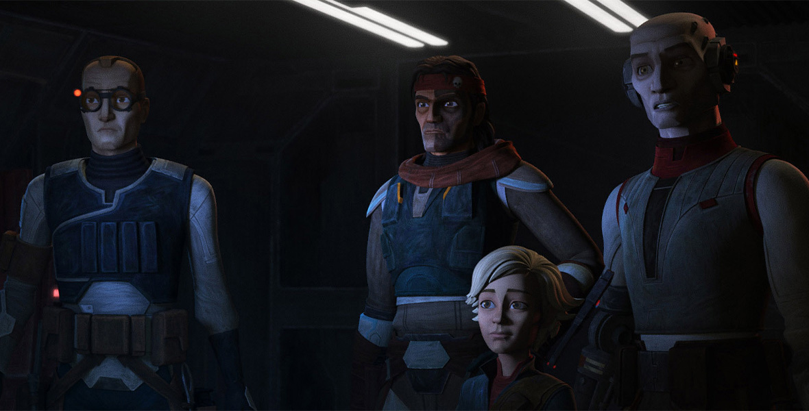 In a scene from Star Wars: The Bad Batch, three adults stand in a dimly lit room and wear gray and tan clothing, while a child sits in the chair in front of them.