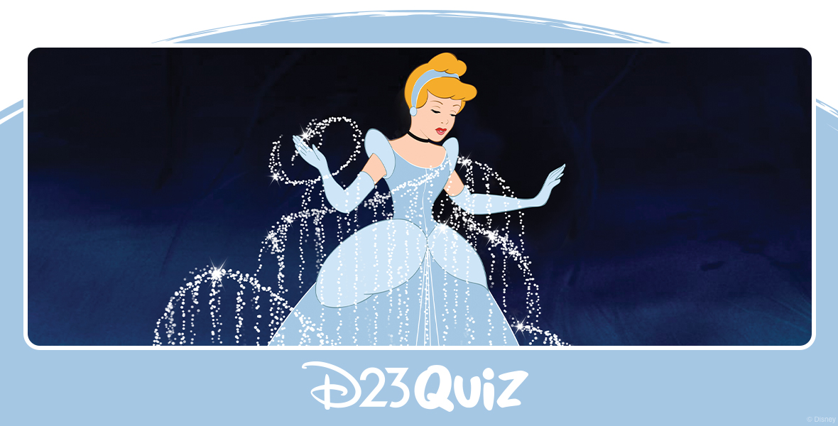 Cinderella has been newly transformed for the ball. Sparkling silver pixie dust dances around her as she radiates elegance in a pale blue ballgown. The gown features puffed sleeves and a delicately ruffled neckline. Her gloves, reaching up to her elbows, match the gown’s hue. Around her neck, she wears a black choker-style necklace. Her blond hair is styled in an updo, adorned with a shimmering silver headband.