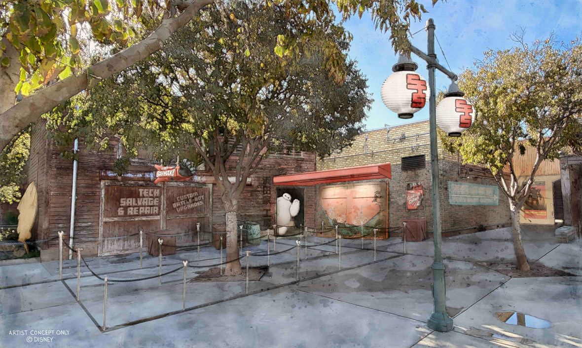 In this artist’s rendering of part of the new San Fransokyo Square area of Disney California Adventure at Disneyland Resort, a brick building and a wooden building meet to form a corner and Baymax pops out of a doorway in the wooden building. Stanchions form an empty queue area around a tree, leading to Baymax.