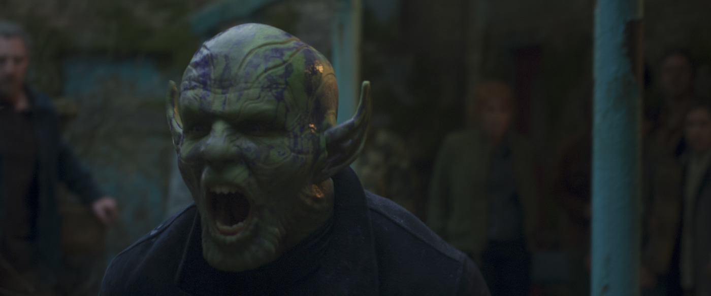 In a scene from the Marvel Studios series Secret Invasion, Gravik, played by Kingsley Ben-Adir, is shouting in his Skrull form, meaning he is green with large pointy ears.  
