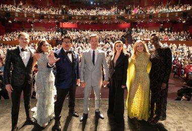 Stars Adam Hugill, Xochitl Gomez, Benedict Wong, Benedict Cumberbatch, Elizabeth Olsen, Rachel McAdams, and Sheila Atim pose on stage at the Doctor Strange in the Multiverse of Madness world premiere at the Dolby Theatre in Hollywood, California, on Monday, May 2, 2022.