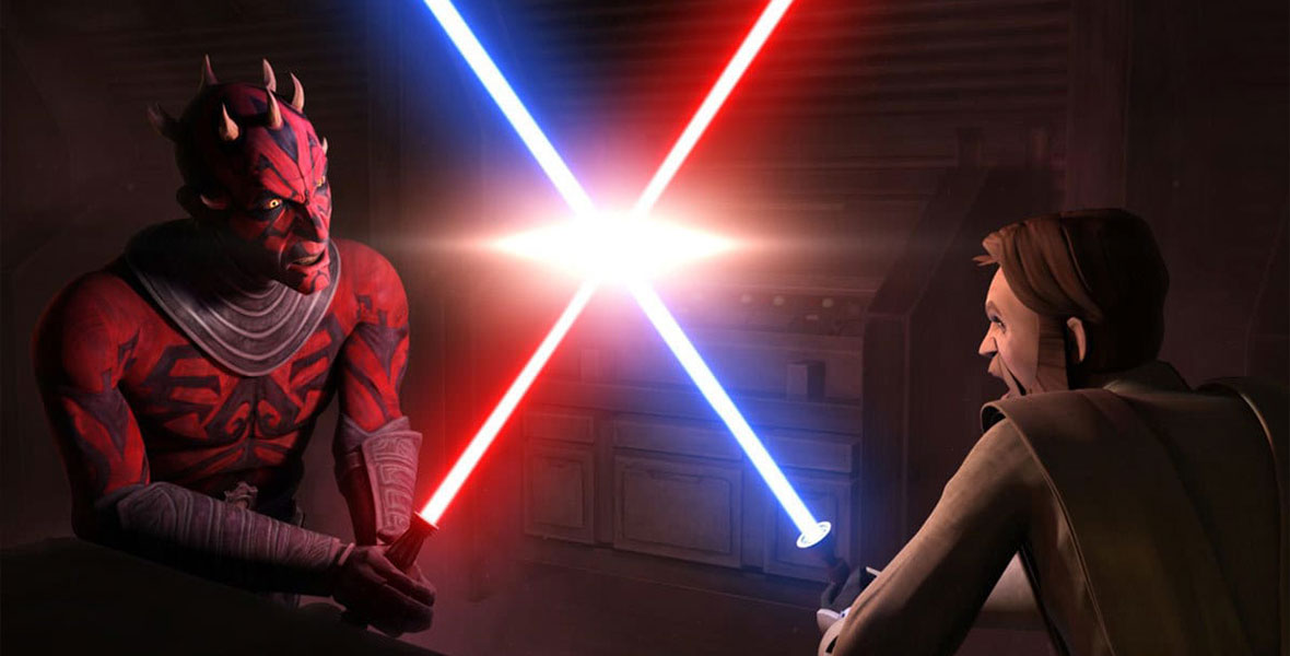 Darth Maul and Obi-Wan Kenobi cross blades in a lightsaber battle. The battle is lit by the red and blue blades of their weapons.