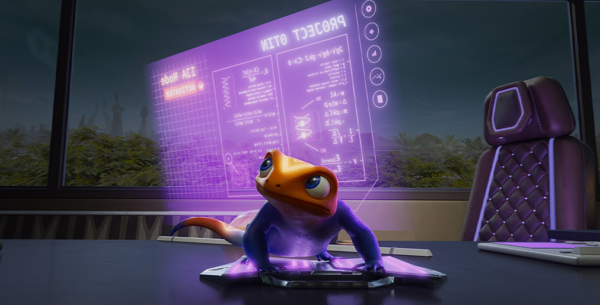 A chameleon with a yellow face and tail and a purple body presses a button, revealing Project Otin schematics in Walt Disney Animation Studios and Kugali's Iwájú.