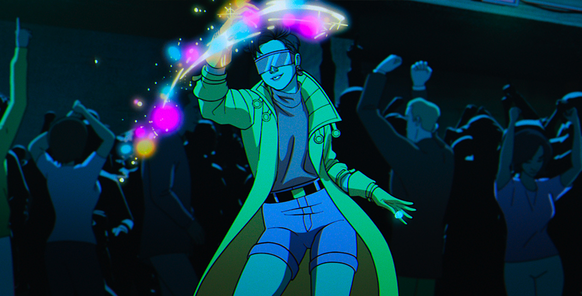 Jubilee generates rainbow pyrotechnic energy plasmoids from her hands. She is in the center of the dance floor, surrounded by other humans.