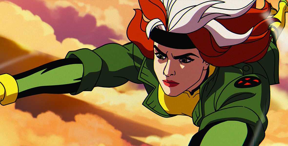 Rogue flies through orange and yellow clouds.