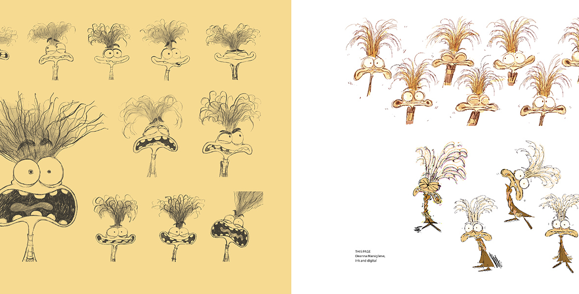 Two images, side-by-side, of the emotion Anxiety from Inside Out 2. The left image features sketches of Anxiety’s head in various expressions against a yellow background; on the right, the image features various full-body sketches of the character against a white background.