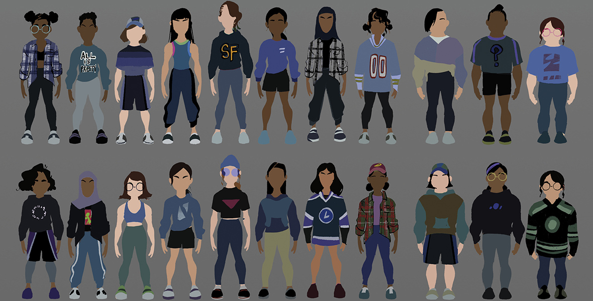 Concept art from Inside Out 2 featuring different designs of background characters, arranged in four lines of 11 characters each. The characters are dressed in a variety of casual and athletic clothes, and are of varying heights and races. 