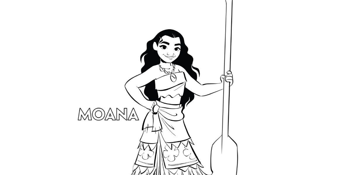 Moana A black and white coloring page outlies Moana from the Moana franchise. She wears a strapless top and wrap skirt and holds a wooden paddle oar in her left hand. The coloring page reads “MOANA” on the bottom left.