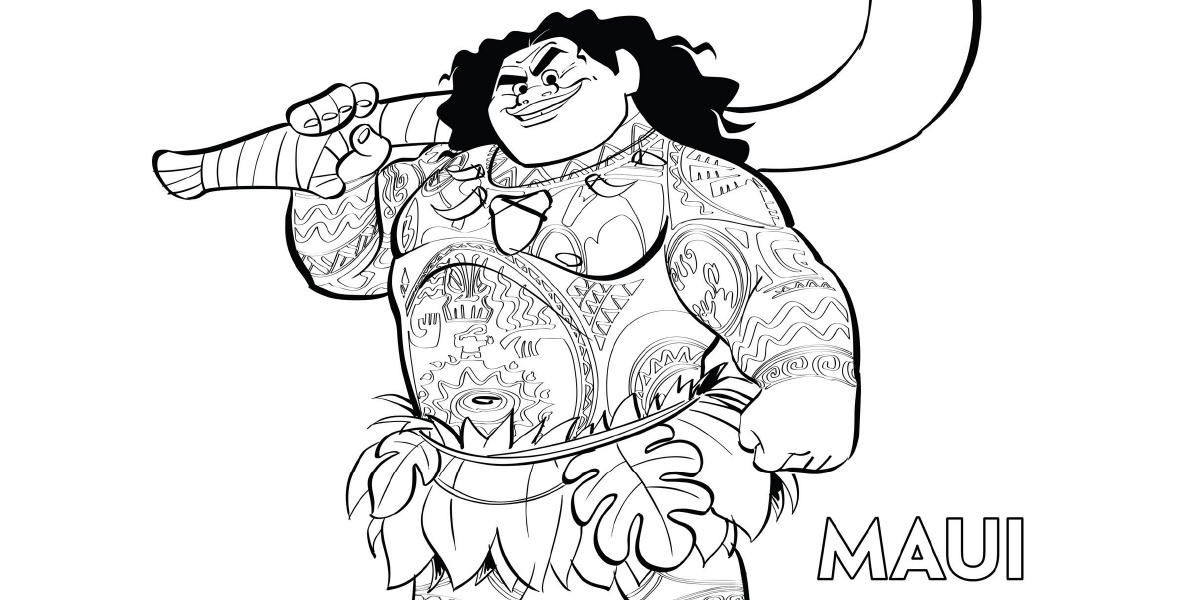 Moana A black and white coloring page outlines Maui from the Moana franchise. He holds a large jawbone fish hook above his right shoulder and looks determined ahead. He wears a grass skirt, and his body is covered in tattoos.