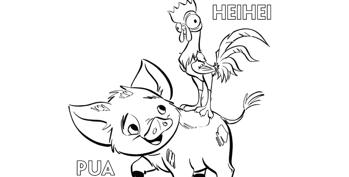 Moana A black and white coloring page features Pua, a pot-belly pig, and Heihei, a rooster, from the Moana franchise. Heihei stands on Pua’s bag, while Pua looks up at Heihei. The page reads “MOANA NOVEMBER 23 IN 3D AND REAL D 3D” and “HEIHEI.”
