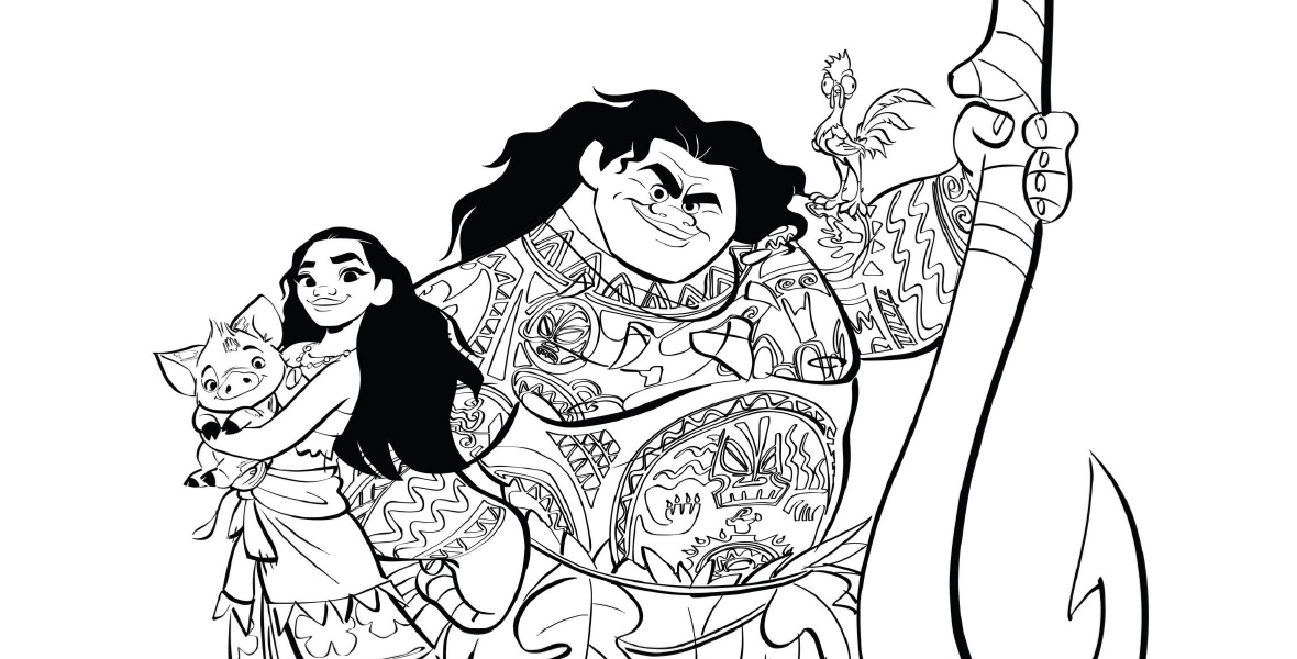 Moana A black and white coloring page outlines Moana, Maui, Pua (a pot-belly pig), and Heihei, a rooster, from the Moana franchise on a wooden canoe. Maui holds a large jawbone fish hook in his right hand and Pua with his left arm, while Moana and Heihei are on the front edge of the canoe.