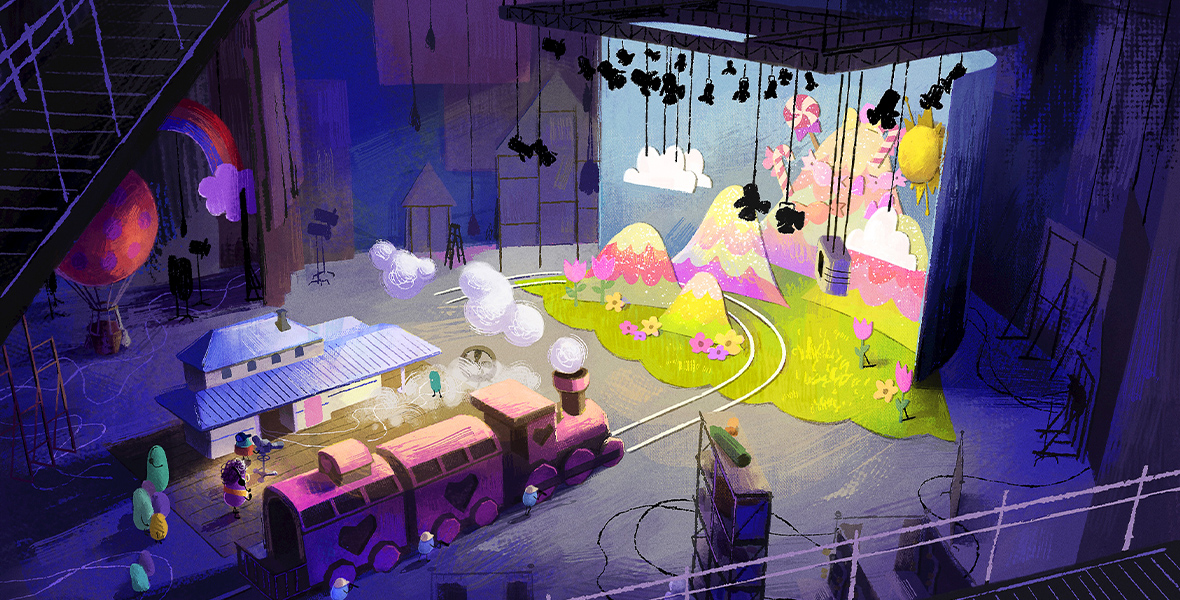 Concept art for Dream Productions showcases a vibrant soundstage, complete with a whimsical set of colorful mountains, a meadow, and candy. In the foreground, a pink train sits next to a white house with purple roofs. The rest of the room is bathed in soft light blue and purple hues, enhancing the dreamlike atmosphere.