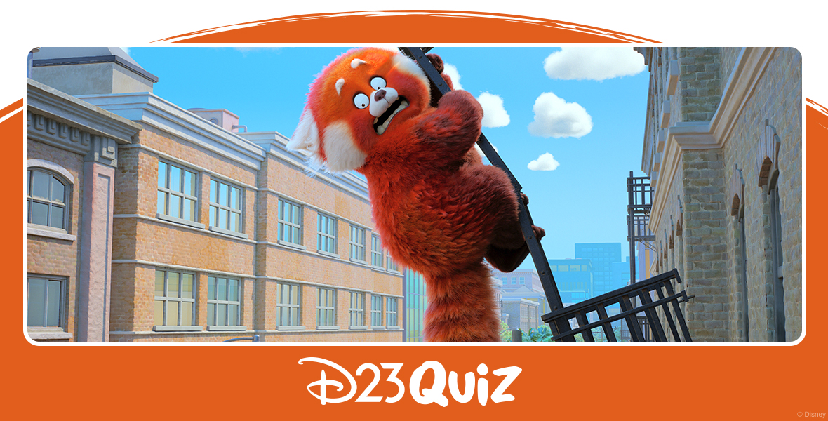 Mei Lee, transformed into a red panda, clings desperately to a railing attached to a brick building that is detaching and about to plummet to the ground. The frightened red panda wears a distressed expression, set against a backdrop of similar brick buildings and a blue sky.
