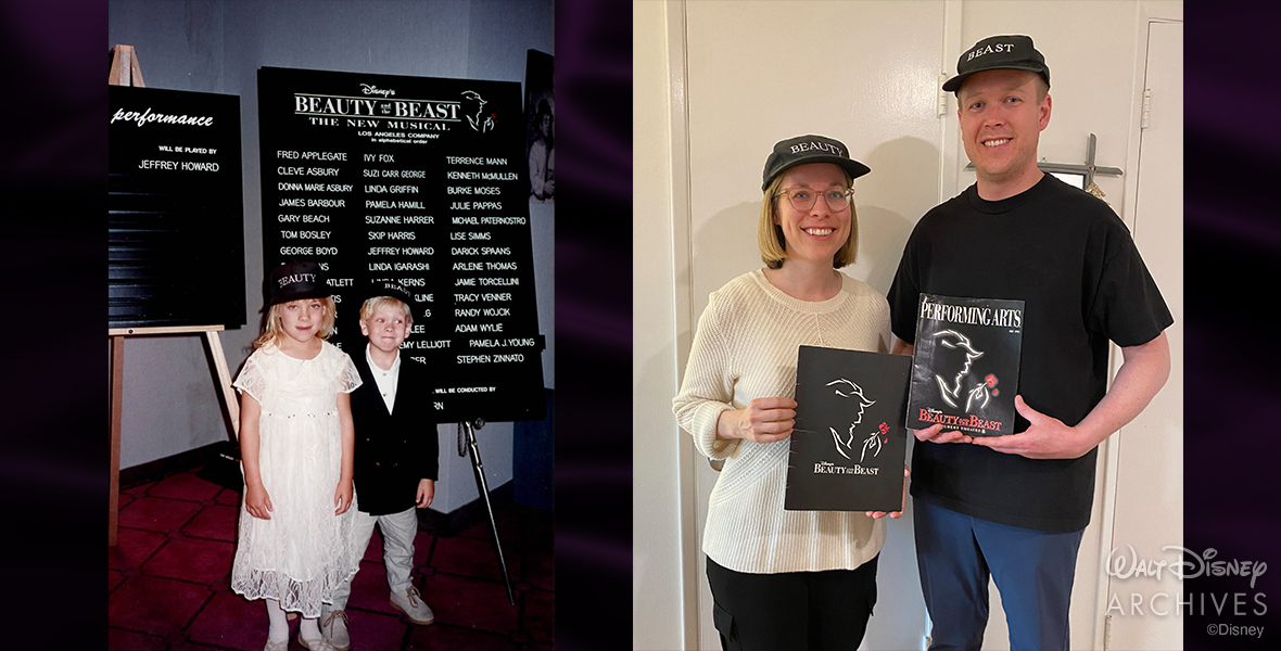 Beauty and the Beast Author and her brother stand side by side holding black Beauty and the Beast programs with a silhouette of Beast holding a rose.