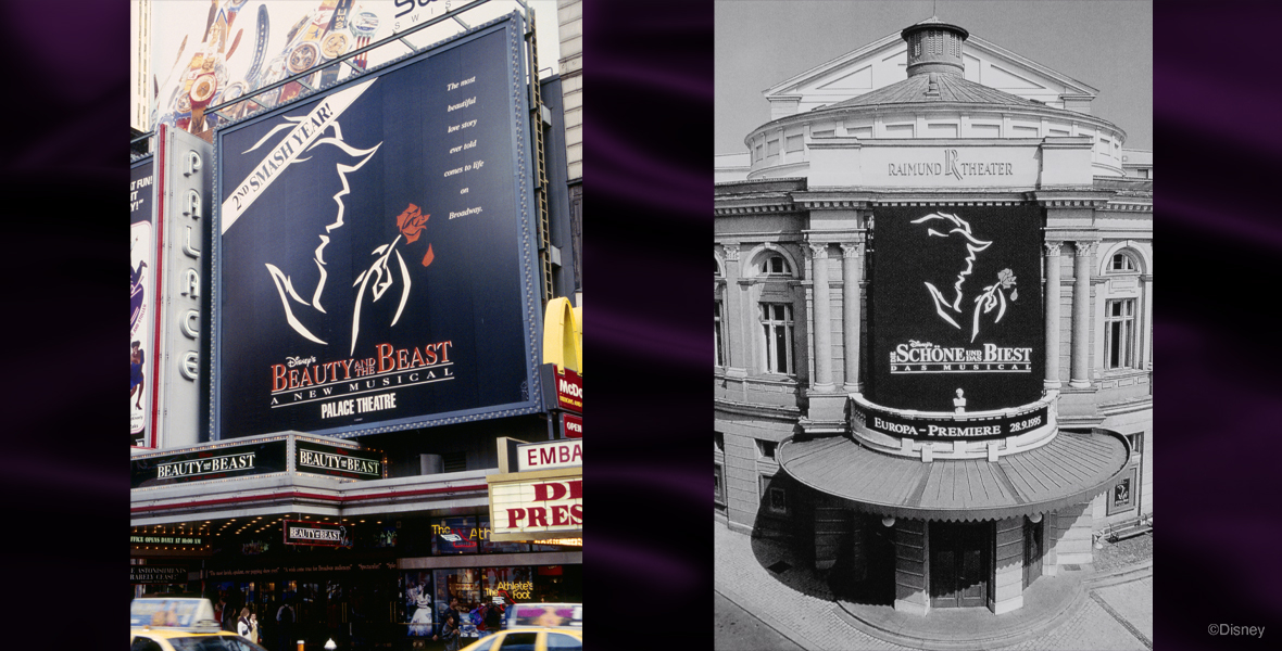 Beauty and the Beast Black billboard with a silhouette of Beast holding a rose, advertising the “2nd Smash Year” of Beauty and the Beast at the Palace Theatre on Broadway. (Photographer: Joan Marcus)