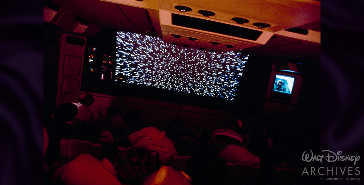Star Tours Guests jump into hyperspace aboard Star Tours in 1989. © Disney/© & ™ Lucasfilm Ltd