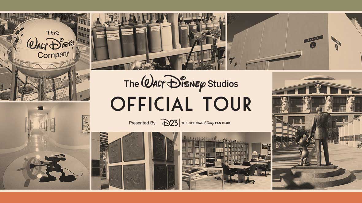 7 black and white pictures are gridded together with a white box that has black text reading “The Walt Disney Studios Official Tour Presented By D23 The Official Disney Fan Club” in the middle of the page. The 3 pictures on top include (from left to right) a water tower reading “The Walt Disney Company”, a bunch of paint bottles sitting on shelves, and the wall of a studio. The 4 pictures on the bottom include (from left to right) a hallway with an image of Steamboat Willy printed on the floor in his sailor outfit and cap holding onto the boat wheel, handprint plaques that hang on the wall, an office filled with books on shelves, and half of the Walt Disney statue holding Mickey Mouse