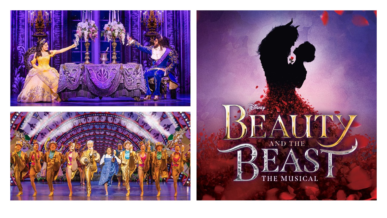 The Beauty And The Beast A collection of three images: on the top left, Belle (Shubshri Kandiah) and Beast (Brendan Xavier) are on stage and dressed in formal attire, in a ballroom, and raising their glasses to each other—Belle is in her iconic golden ball gown, and Beast is in a blue suit and white shirt; on the bottom left, Belle (Shubshri Kandiah) and Lumiere are seen dancing with the cast during Be Our Guest—Belle is in a blue dress and Lumiere (Rohan Browne) is dressed as a golden suit; on the right, the logo for the production is seen, reading “Disney Beauty and the Beast, The Musical,” with the silhouette of Belle and Beast embraced in a hug, surrounded by rose petals.