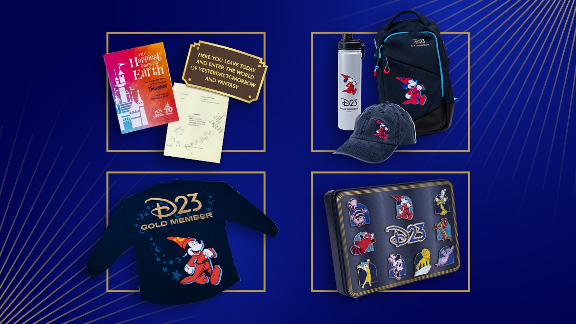 D23 Gold Membership Showcased are the four 2025 D23 Gold Member Premiums: Disneyland 70th Collection, including The Happiest Place on Earth, a replica Disneyland Park entrance plaque, and a reproduction of the Disneyland Entrance plaque text draft; Gold Member Fan Pack including a Sorcerer’s Apprentice Mickey Mouse water bottle, crossbody bag, and hat; a Sorcerer’s Apprentice Mickey Mouse Spirit Jersey; and a 10-piece Pin Set.