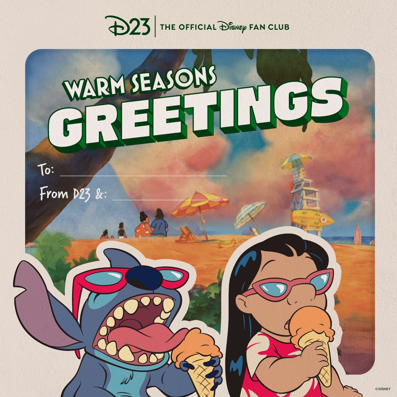 Lilo & Stitch Postcard Lilo & Stitch downloadable postcard themed to Warm Seasons Greetings from D23
