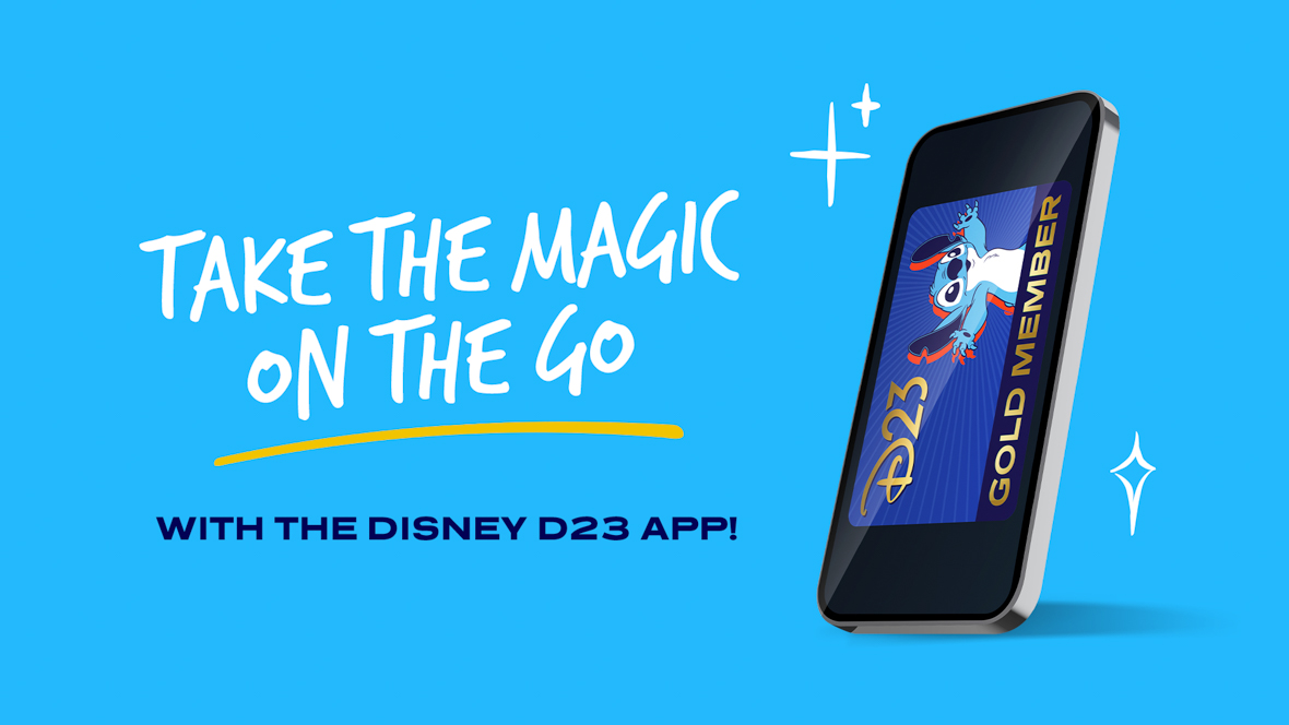 Disney D23 App Phone featuring the 2024 D23 Gold Member Card and surrounded by sparkles.