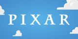 A blue background with cartoony clouds on it with the word Pixar in the middle.