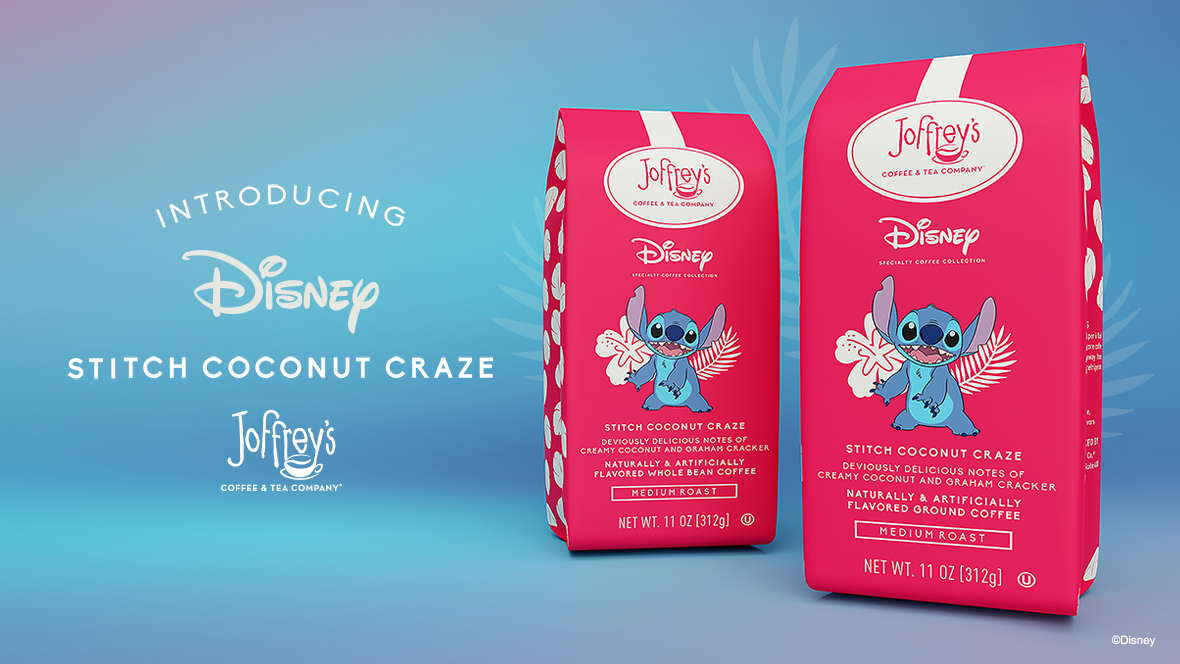 Joffrey Coffee & Tea Company Two red Joffrey’s Coffee bags showcase Stitch in front of two white flower silhouettes. Each bag features the Joffrey’s logo and the Disney logo, below which is an image of Stitch and the name of the coffee and its description: “Stitch Coconut Craze; Deviously delicious notes of creamy coconut and graham cracker; naturally & artificially flavored ground coffee; medium roast.” To the left of the bags, text reads “Introducing Disney Stitch Coconut Craze; Joffrey Coffee & Tea Company.”