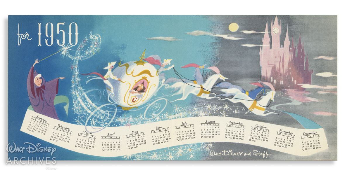 The final card showing Cinderella in her coach being magically whisked away by the Fairy Godmother. Along the bottom of the card is the final calendar for the year 1950, presented month by month.