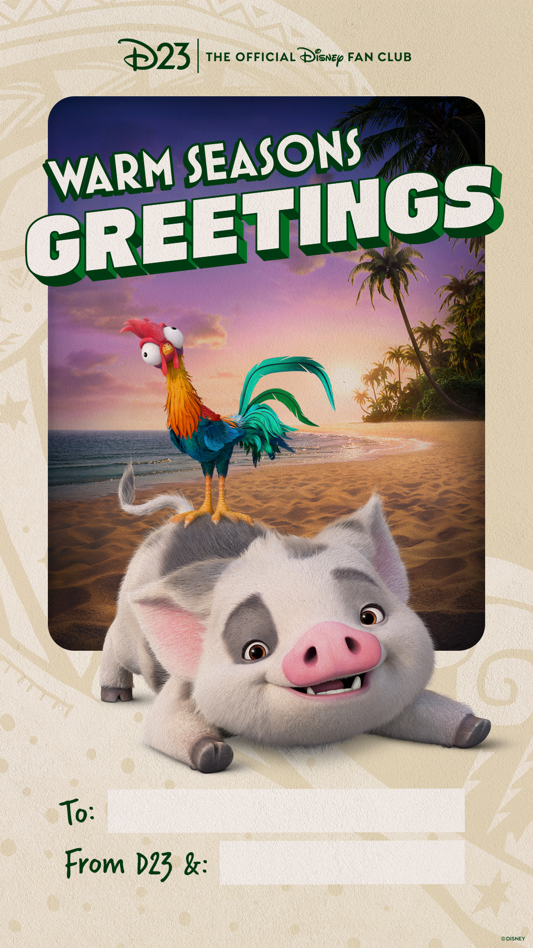 Pua and Hei Hei wallpaper Pua and Hei Hei from Moana 2 downloadable postcard themed to Warm Seasons Greetings from D23