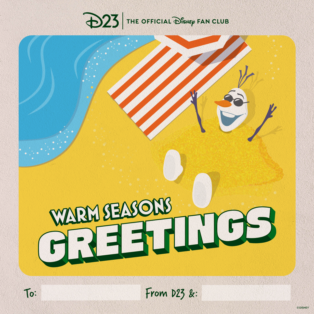 Olaf Postcard Olaf from Frozen downloadable postcard themed to Warm Seasons Greetings from D23.